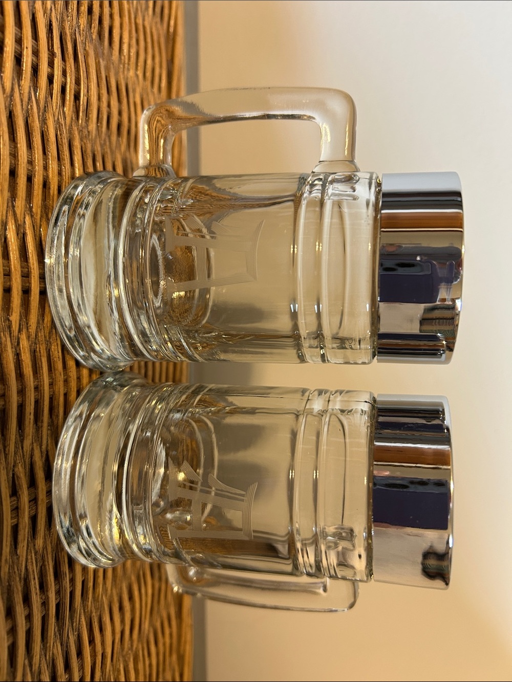 Set of clear engraved “A” heavy glass Salt and Pepper Shakers with Chrome Lids